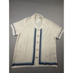 Marine Layer Archive Ace Crochet Short Sleeve Button-Up Shirt White Blue XL